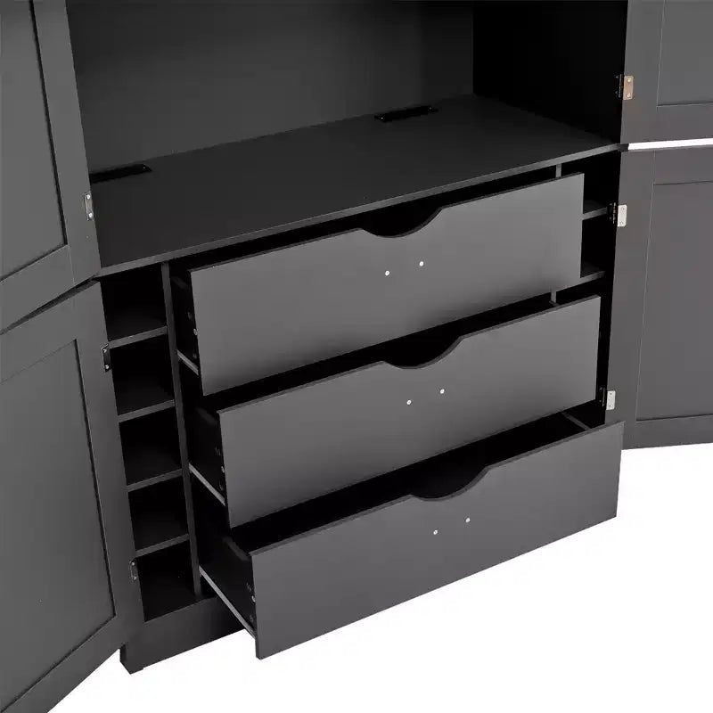 Dispensa Alta da Cucina con Prese di Corrente, Grande Credenza Autoportante con Supporto per Microonde, Cassetti, Scaffali, Portabottiglie e Ante con Ripiani