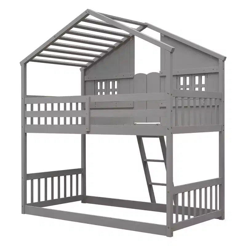 Letto a soppalco a forma di casetta con scaletta e spondine per bambini, in legno, misura singola