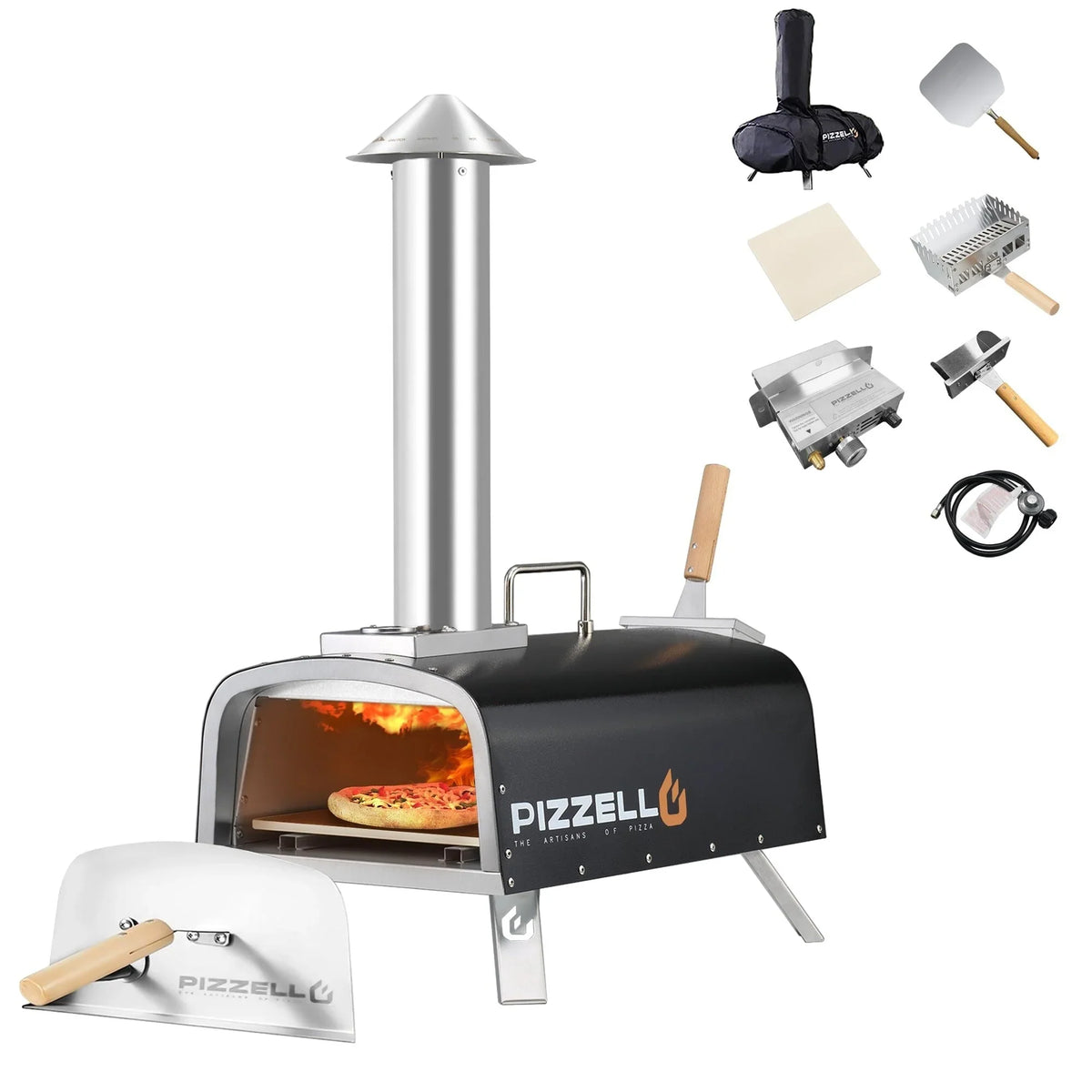 Forno per pizza da esterno multifuel per pizza con bruciatore a gas e contenitore per legna - 12 pollici