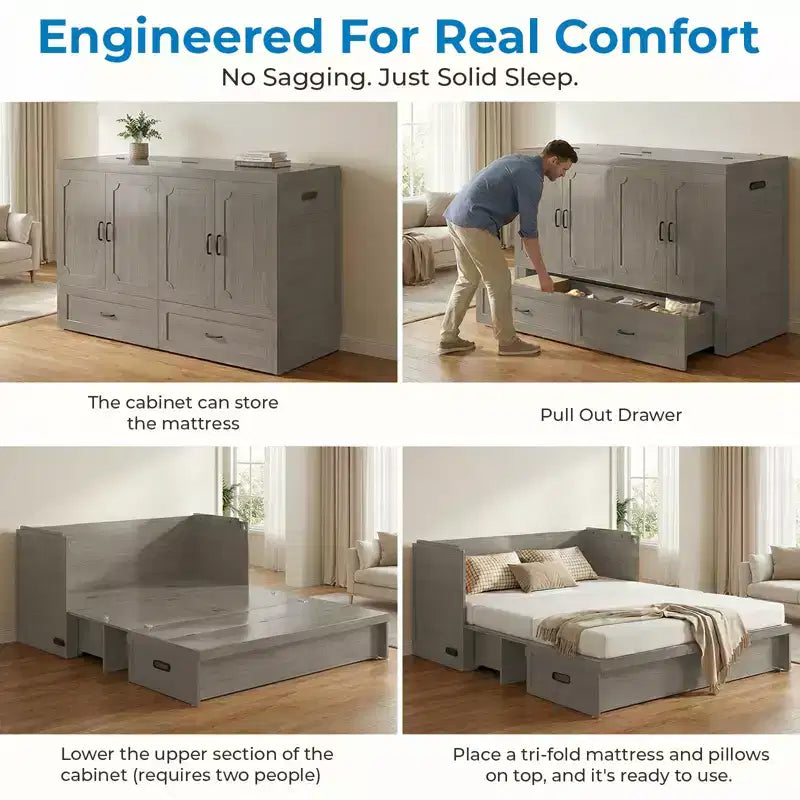 Mjkone Letto a Scomparsa Convertibile Matrimoniale Queen Size con Ricarica USB, Cassetti Contenitori, Materasso Escluso