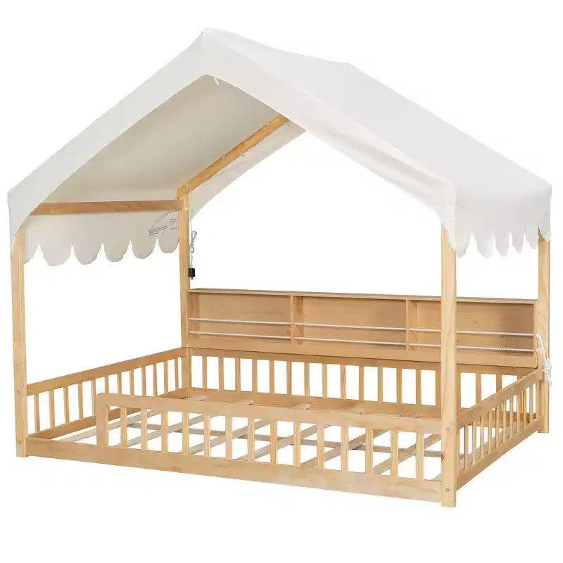 Whisen Letto a terra in legno a grandezza naturale, divano letto a forma di casetta con recinzione, 3 mensole portaoggetti, tenda