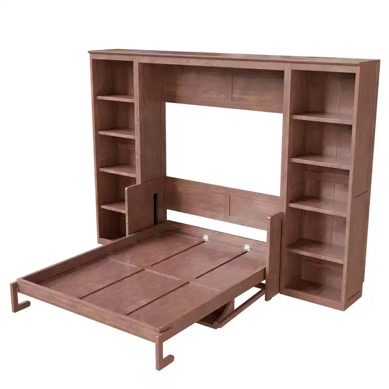 Letto a scomparsa matrimoniale/queen size salvaspazio con scrivania e libreria, marrone scuro - ModernLuxe