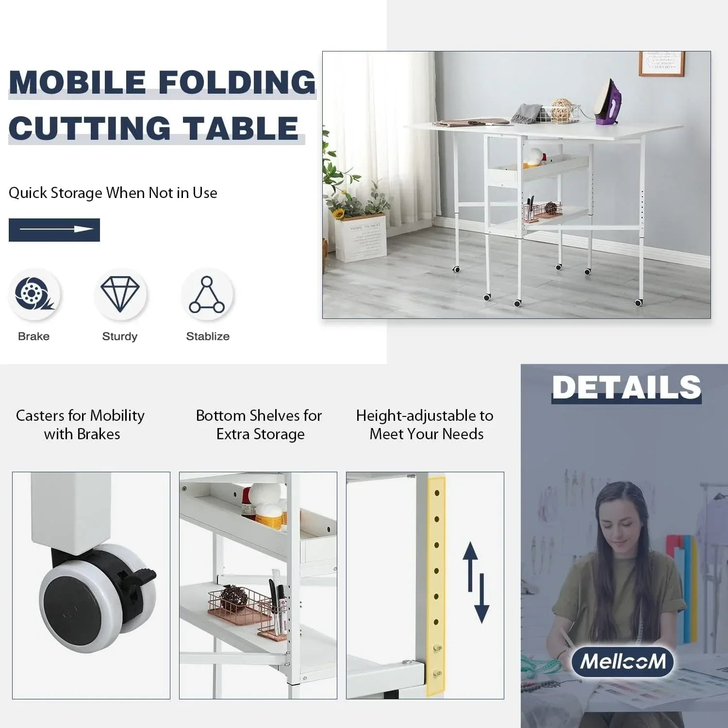 Tavolo Artigianale Regolabile in Altezza con Ripiani Portaoggetti, Tavolo da Taglio Pieghevole Mobile per Ufficio Domestico, Sala da Cucito, Stanza per Hobby