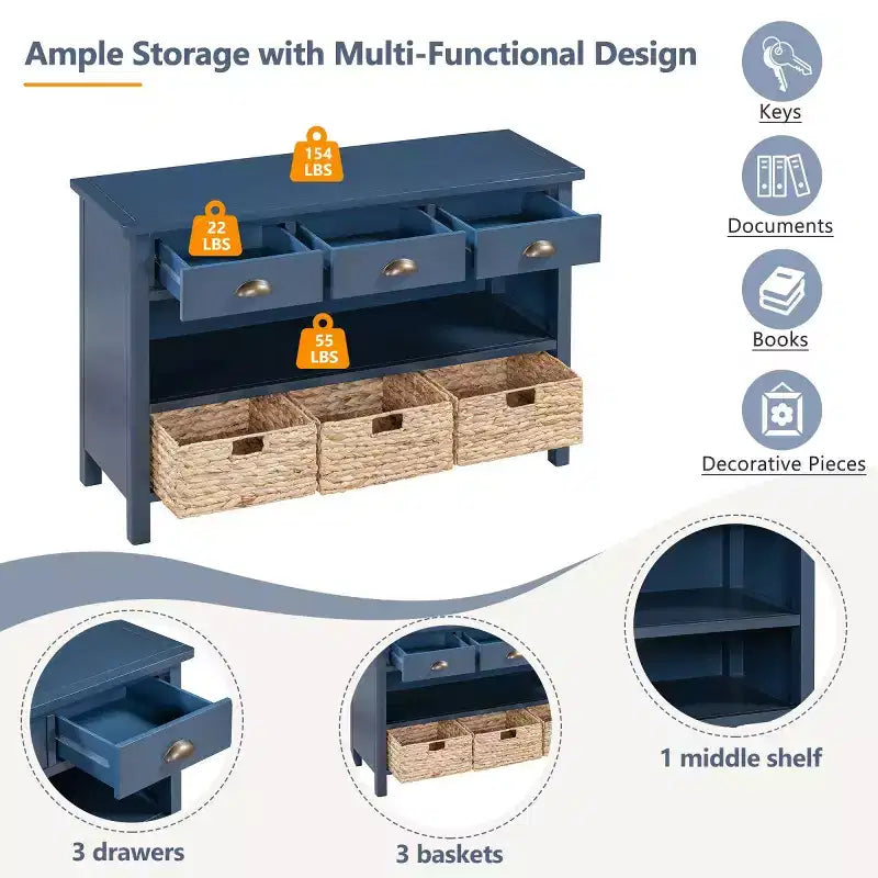 Consolle da Ingresso con Contenitore, Tavolo da Ingresso Stile Rustico con 3 Cassetti e 3 Cesti in Giacinto d'Acqua per Soggiorno o Ingresso - Panipeachy