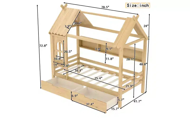 Letto a piattaforma a forma di casa con cassetti contenitori e finestra, struttura in legno massello con mensole, design giocoso per bambini, bianco chiaro