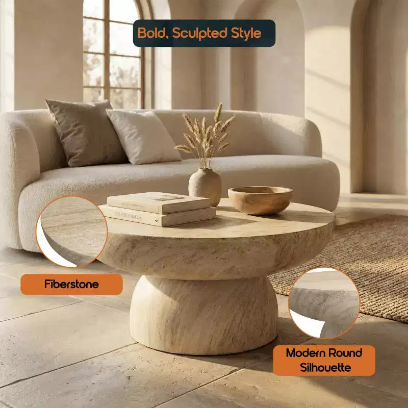 LeisureMod Lunexa Tavolino Rotondo in Fibra di Pietra Tavolino d'Appoggio con Piedistallo per Uso Interno o Esterno, Design Scolpito con Piedini Antiscivolo