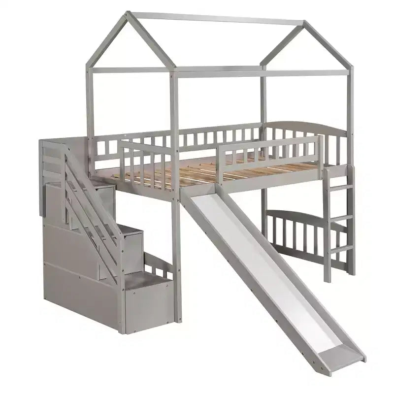 Letto a soppalco a castello con scivolo e scale, letto a soppalco con cassetti contenitori, letto a soppalco in legno a capanna per bambini e neonati
