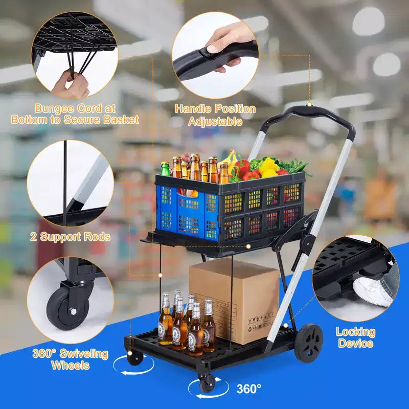 Carrelli della spesa pieghevoli a 2 livelli per la spesa, capacità 90 kg, carrello per la spesa portatile pieghevole con ruote e cassa rimovibile per centro commerciale, blu