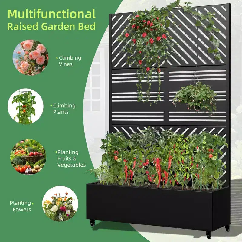 MAYEERTY Fioriera con traliccio in ferro nero Linea parallela 01 Stile combinato classico a persiana 183x119x41 cm Set da 3 pezzi