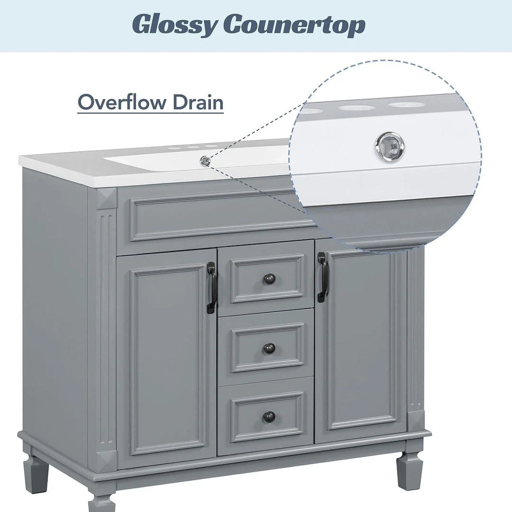 Mobile Bagno Moderno da 90cm con Lavabo Integrato e Specchiera, 2 Ante e 2 Cassetti