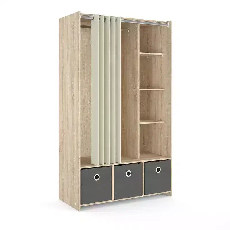 Tvilum, Armadio Lola a 3 vani con tenda, Struttura Quercia/Tessuto Naturale/Tessuto Grigio