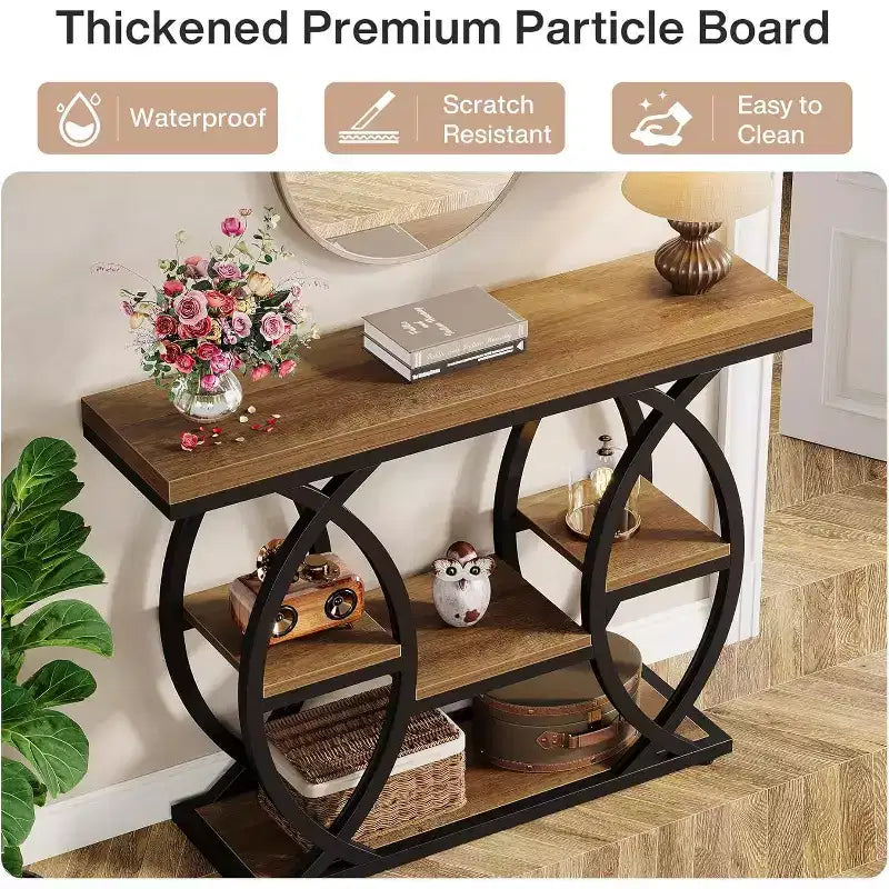Tavolo Consolle Lantine 39.4, Tavolo da Divano Industriale a 4 Ripiani Tavolo d'Ingresso con Ripiani Portaoggetti e Struttura in Metallo per Piccoli Spazi, Corridoio, Ingresso, Marrone
