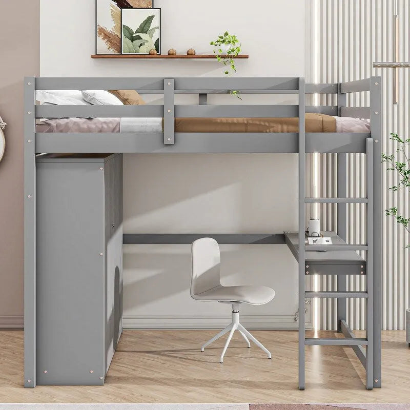 Letto a soppalco matrimoniale in legno con armadio a muro, scrivania, ripiani e cassetti portaoggetti