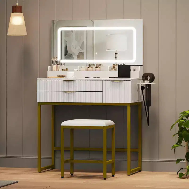 Coiffeuse avec miroir et lumières, miroir lumineux à LED, tiroirs de rangement spacieux pour produits cosmétiques et articles de toilette