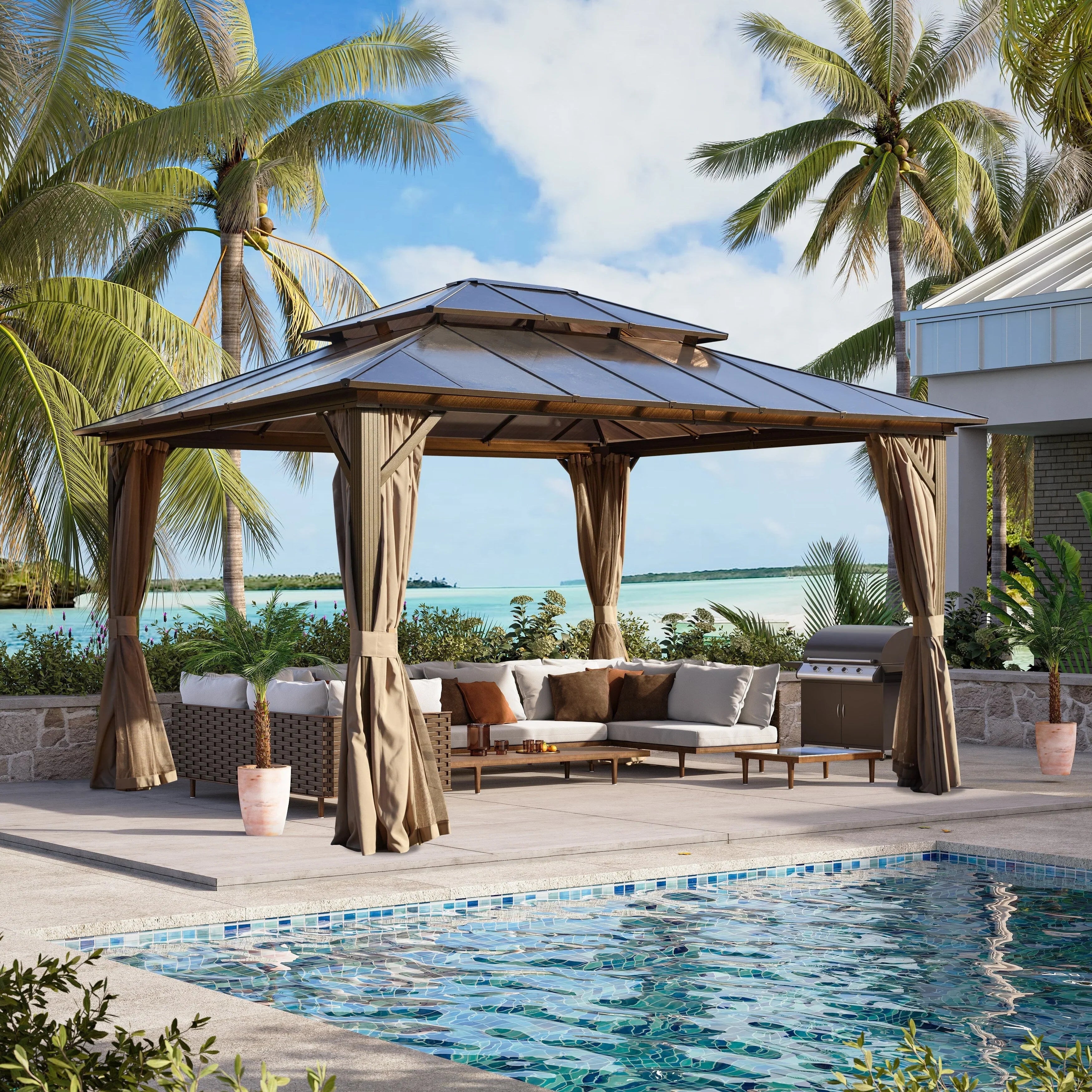 EROMMY Gazebo a tetto rigido, Pergola da esterno con doppio tetto, zanzariere e tende, Tenda da sole resistente per patio, cortile, feste in piscina