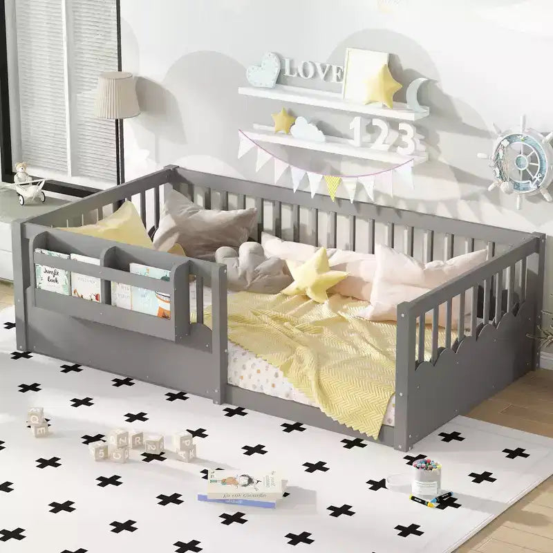 Lit d'enfant Bellemave avec clôture rehaussée et étagère, cadre de lit Montessori double en bois pour filles et garçons