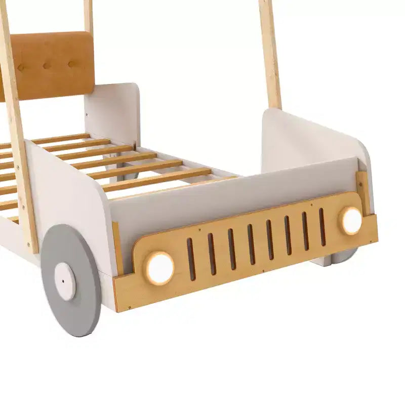 Letto a forma di Auto Whisen in Legno con Cuscino, Baldacchino in Tessuto e LED - Naturale