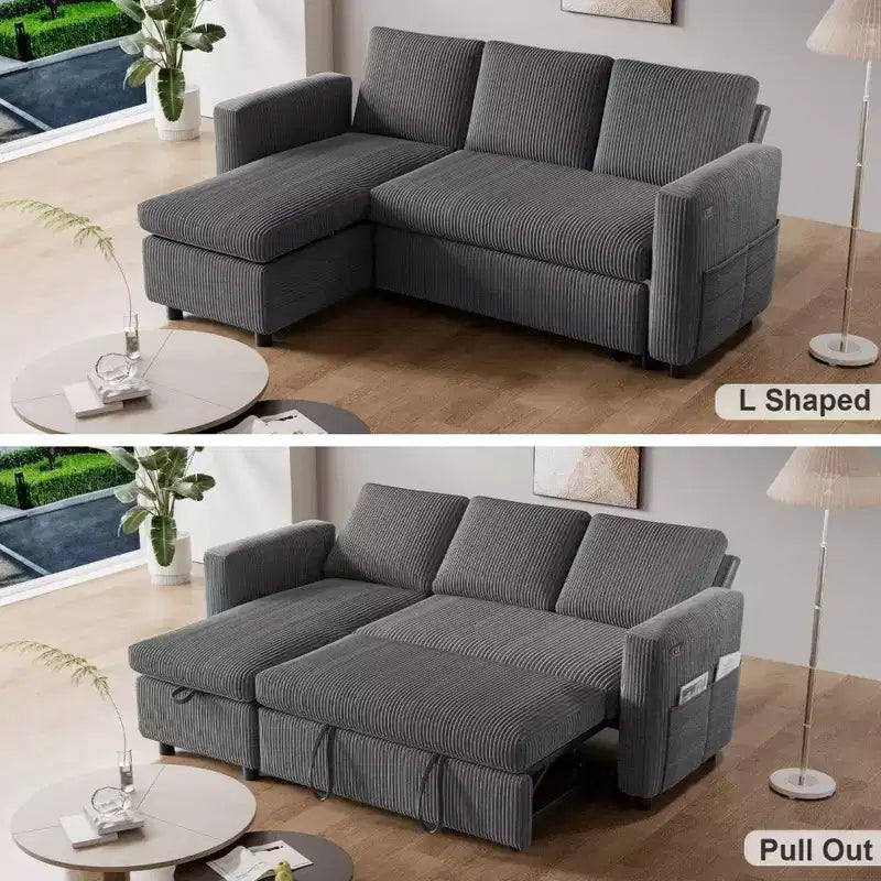 Divano Letto Estraibile 2 in 1 Dyonery con Chaise Longue Contenitore e USB, Divano Angolare in Velluto a Coste per Soggiorno