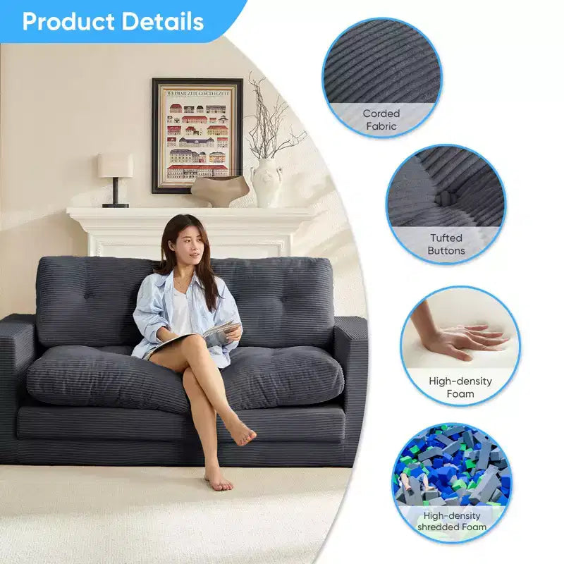 Mjkone Divano letto futon convertibile 2 in 1 da 180 cm, in tessuto a coste, pieghevole, con bottoni trapuntati, divanetto salvaspazio
