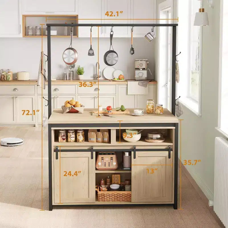 Isola per cucina, scaffale per forni a microonde con porta scorrevole, grande tavolo da cucina da 106,68 cm con supporto a 3 livelli per microonde, scaffali per forno, set da tavola per caffè