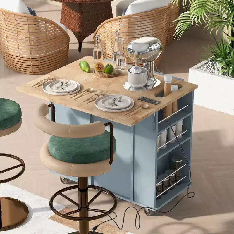 Isola da Cucina Mobile con Presa di Corrente, Piano Ribaltabile e Top in Legno di Gomma