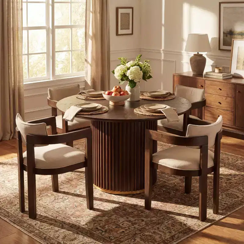Christopher Knight Home Shankar, set da pranzo moderno da 5 pezzi con tavolo rotondo e sedie imbottite in legno di caucciù