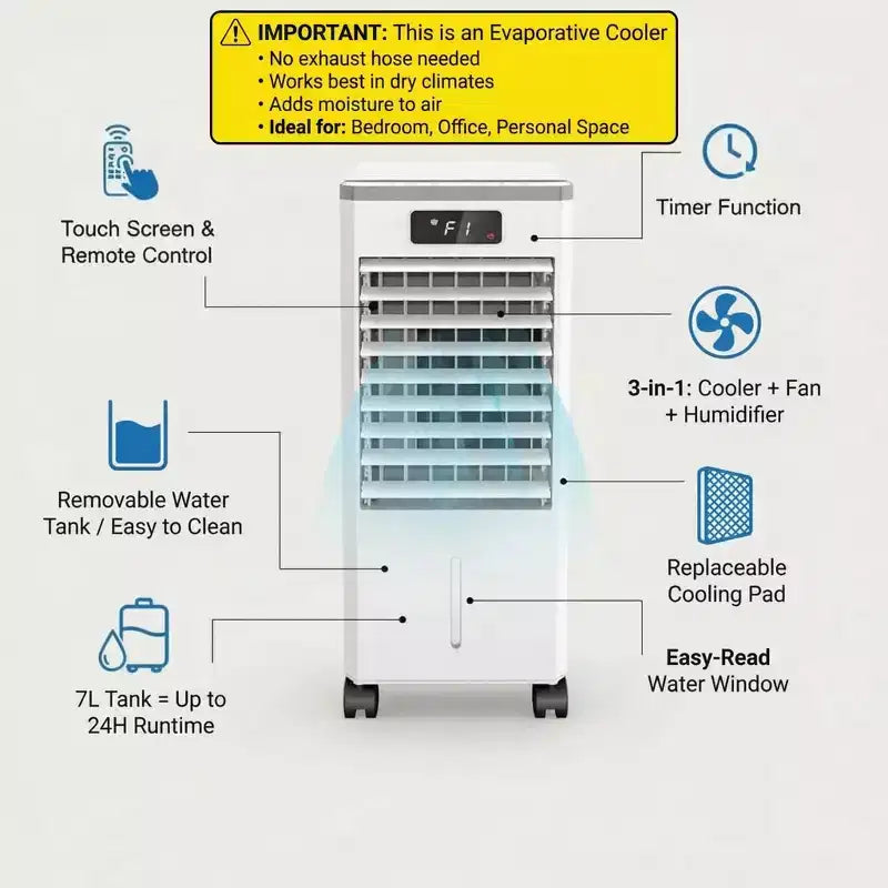 Raffrescatore Evaporativo Portatile da 7 litri con Telecomando, 3 Velocità, Timer e Ventilatore Oscillante per Casa e Ufficio