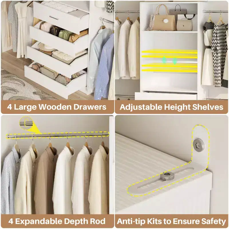 Besiost Sistema Organizer per Armadio in Legno 4-9 piedi con 4 Cassetti, 4 Aste Appendiabiti e Torri Scaffale