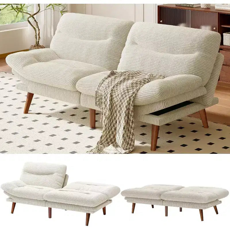Divano letto in velluto a coste da 168 cm con schienale e braccioli regolabili, adatto a piccoli spazi, salotti o uffici come divano futon.