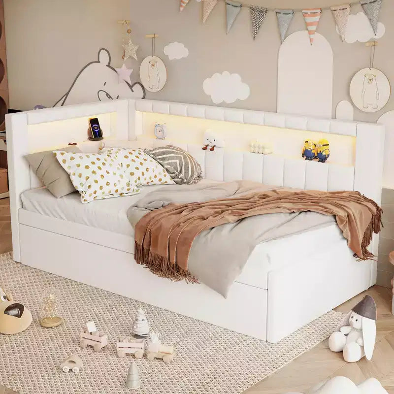 Letto da Giorno Twin/Full con Letto Estraibile e Testiera a Libreria a L, Letto Angolare Imbottito in Lino con Ripiani Portaoggetti e Cinghia a LED