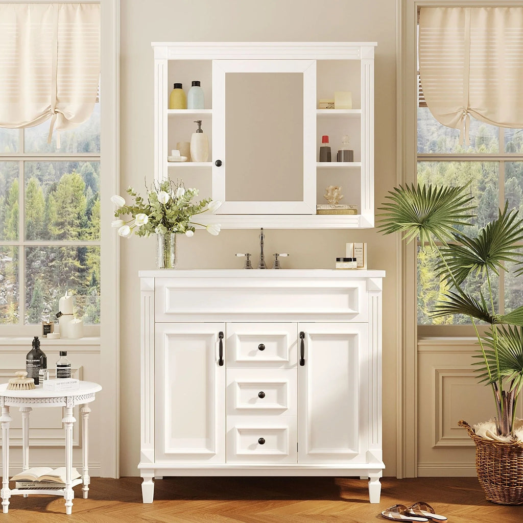 Mobile Bagno Moderno da 90cm con Lavabo Integrato e Specchiera, 2 Ante e 2 Cassetti