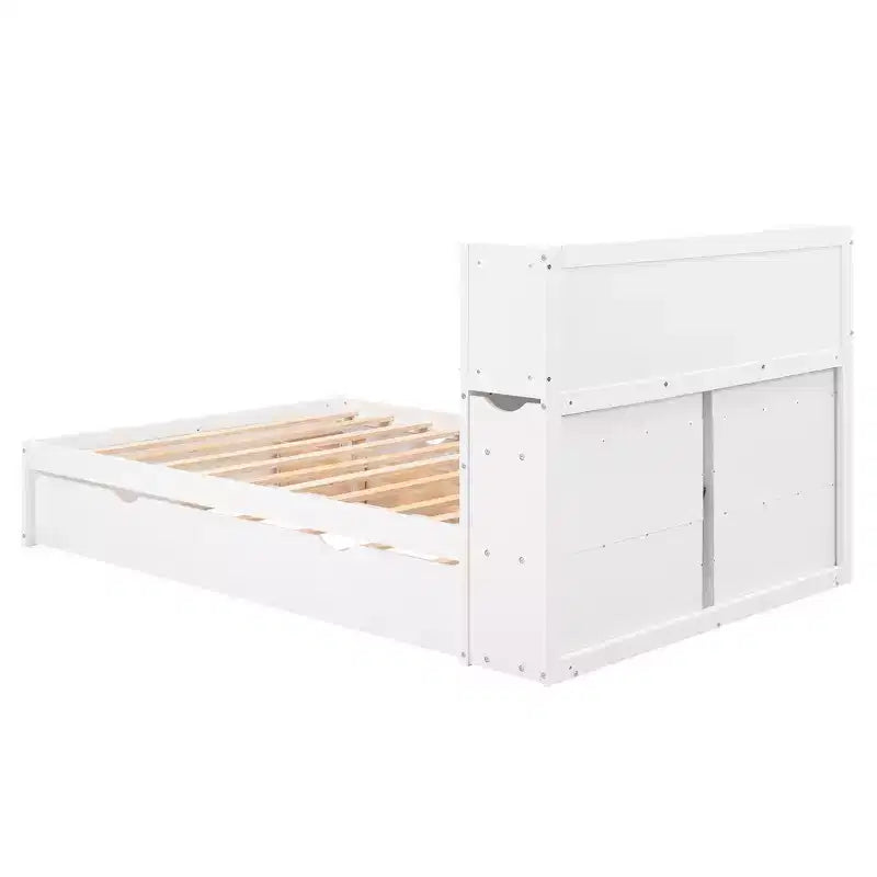 Letto matrimoniale con contenitore, rotelle estraibili, testiera libreria e stazione di ricarica, struttura letto in legno matrimoniale con mensole e cassetti