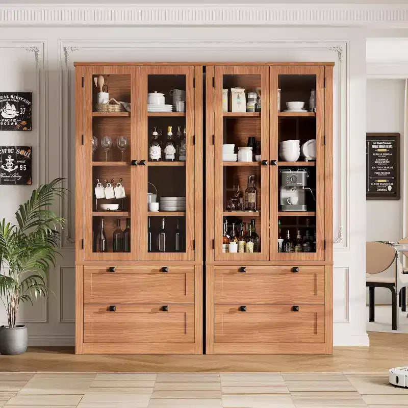 Dispensa da Cucina Coloniale con Ante in Vetro, Armadio Contenitore da 72 pollici con Cassetti e Ripiani Regolabili per Sala da Pranzo Bagno Soggiorno