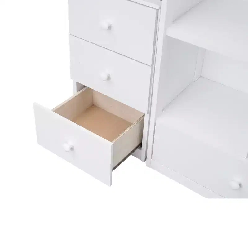 Letto a soppalco singolo con scrivania a L, 3 cassetti, armadio, contenitore per scale, struttura in pino massiccio/MDF