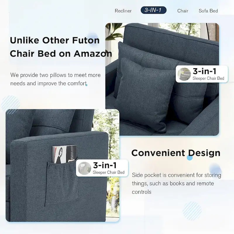 Poltrona letto trasformabile, 3 in 1, vari colori, per 1 persona