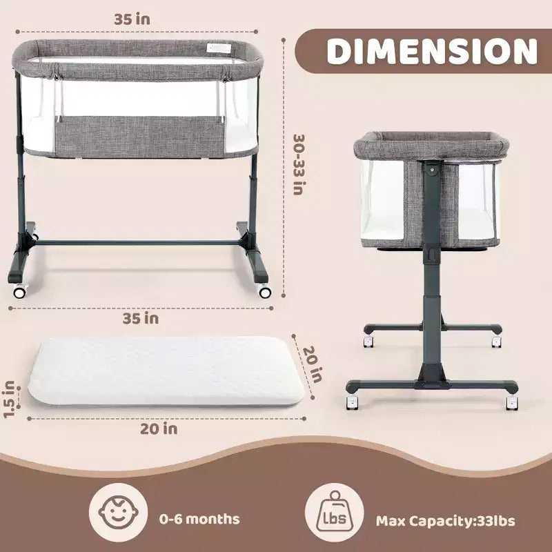Culla Neonato con Ruote – Beige / Grigio / Rosa, Culla Fianco Letto, per 1 Neonato
