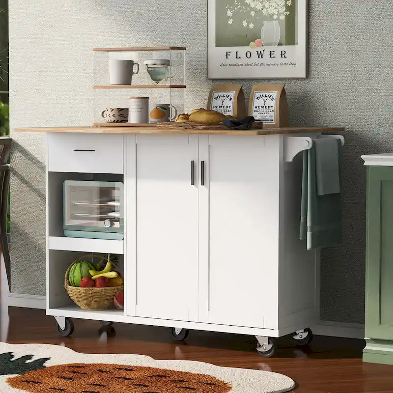 Isola da cucina con piano pieghevole, carrello da cucina con ripiano estraibile, portasciugamani e cassetto, ruote girevoli