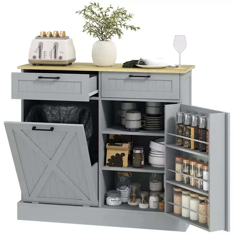 Meuble poubelle coulissant HOMCOM avec tiroirs, meuble de cuisine de style campagnard avec poubelle cachée pour la cuisine