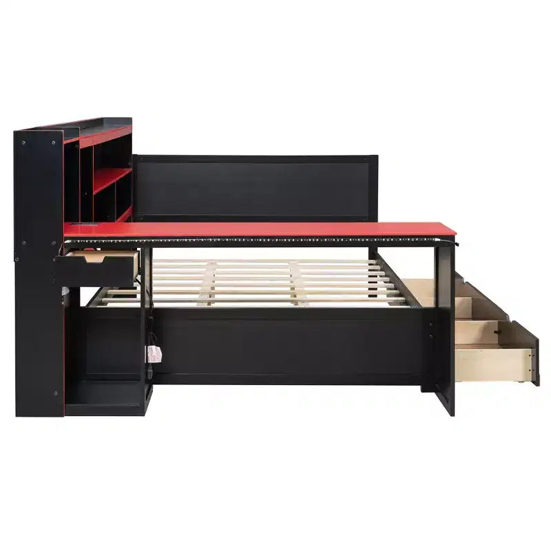 Letto a Giorno Gamer Hub con Scrivania, Luci RGB, Stazione di Ricarica, Cassetti e Testiera Libreria