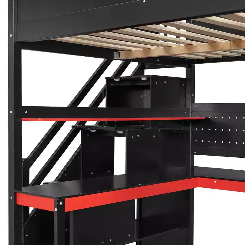 GDFStudio Scott Letto a Soppalco in Legno per Gaming con Scala Contenitore, Scrivania, Mensole e Pannello Forato