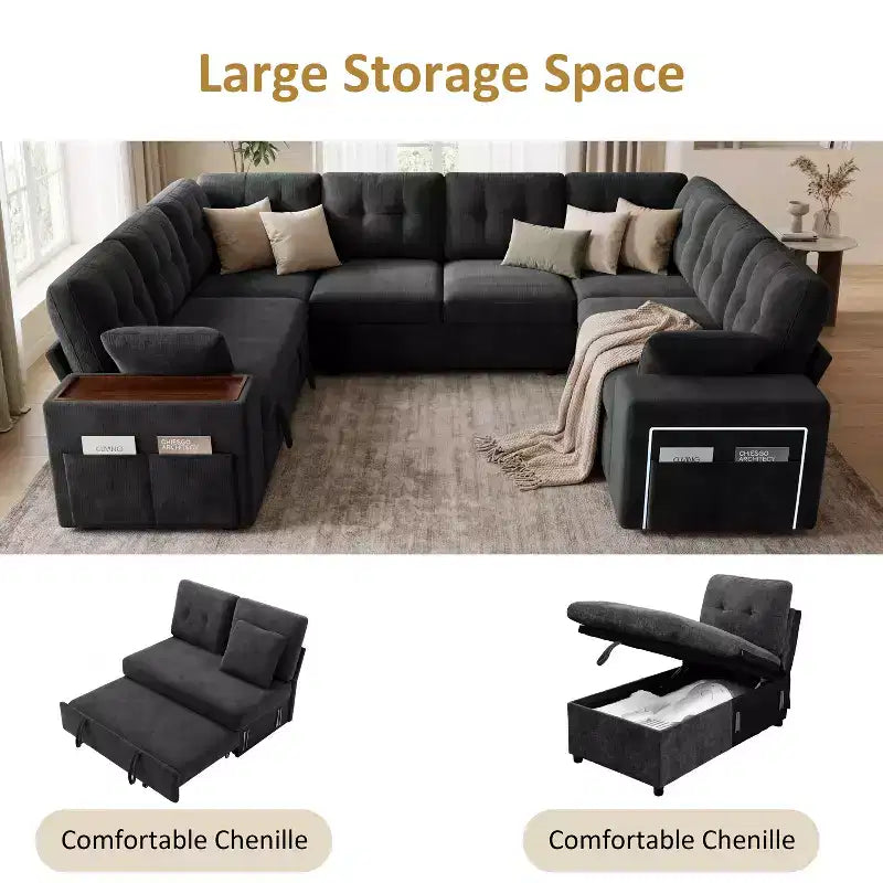 Divano letto componibile modulare Dyonery 112 con letto estraibile, divano componibile a U con contenitore, divani con seduta extra ampia e profonda per soggiorno