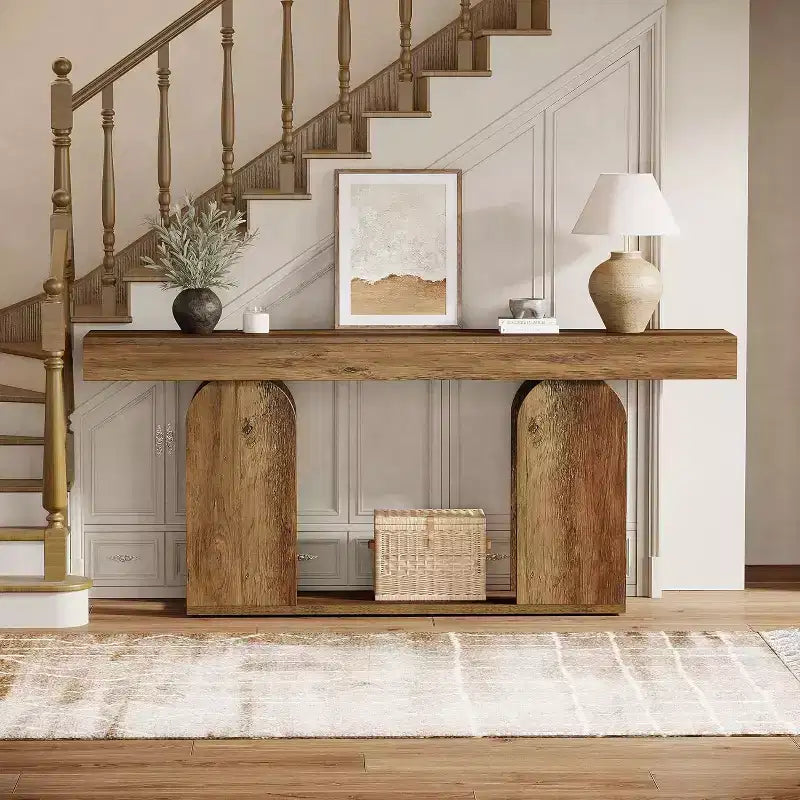 Tavolo consolle Lantine extra lungo da 180 cm in stile rustico con ripiano portaoggetti in legno a 2 livelli, adatto per corridoio, soggiorno, ingresso, marrone vintage.