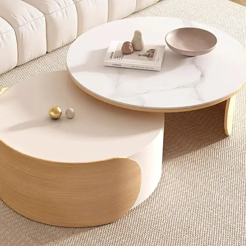 Tavolino moderno rotondo, piano in pietra, legno naturale - 50 x 31.5