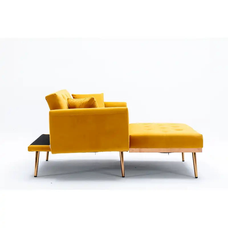 Divano letto-poltrona in velluto trapuntato con piedini color oro rosa per salotto