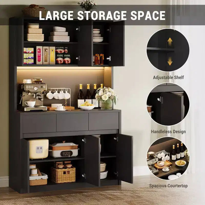Mobile dispensa da cucina da 71 pollici, mobile dispensa con luci a LED e prese di corrente, mobile buffet con supporto per microonde, ripiani regolabili