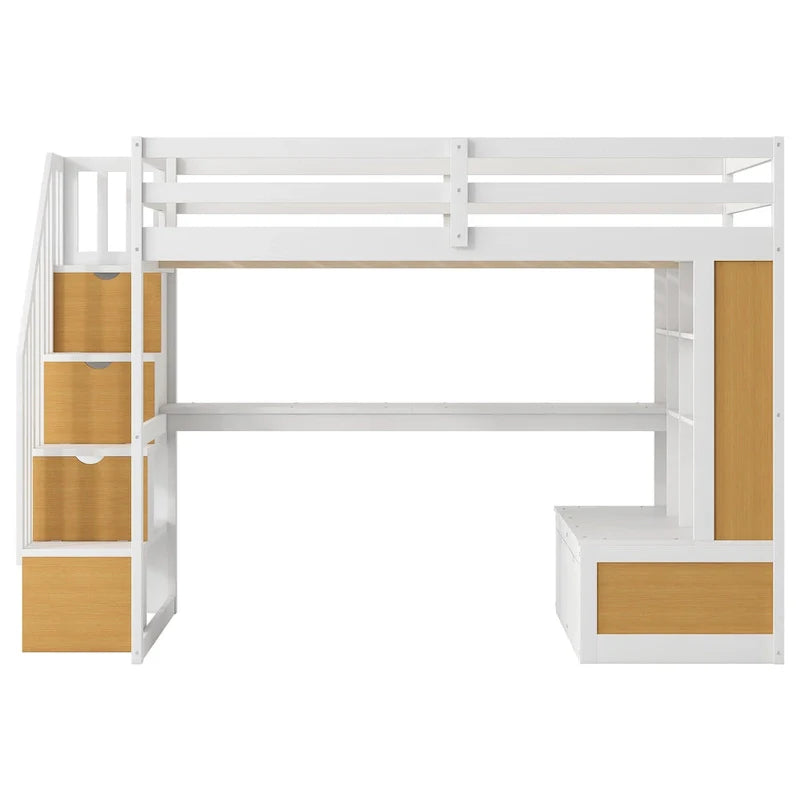 Letto a soppalco in legno massello naturale + bianco con scrivania e cassetti