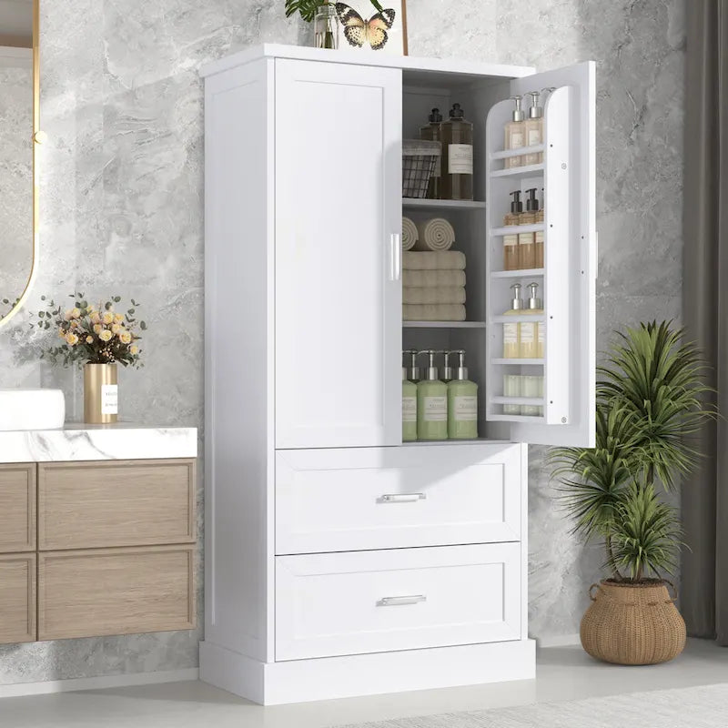 Armadietto alto da bagno, Armadietto con due ante e cassetti, Ripiano regolabile, Pannello in MDF