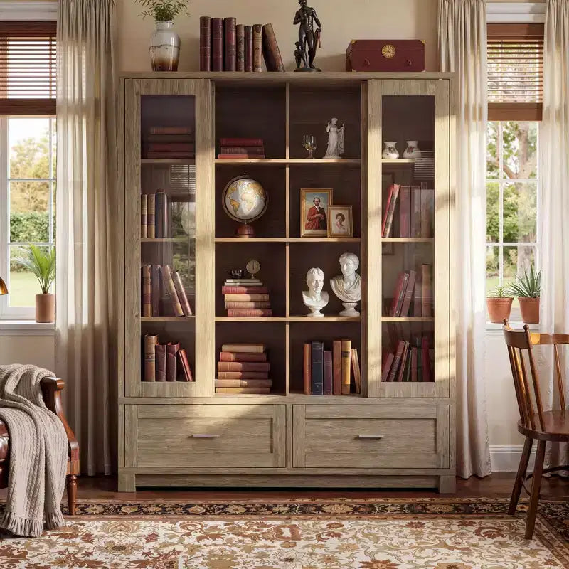Libreria espositiva Famapy in rovere chiaro: 63W, ante scorrevoli in vetro + cassetto. Ampio organizer per biblioteche domestiche e soggiorni