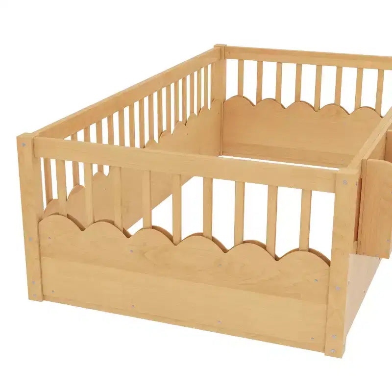 Lit d'enfant Bellemave avec clôture rehaussée et étagère, cadre de lit Montessori double en bois pour filles et garçons