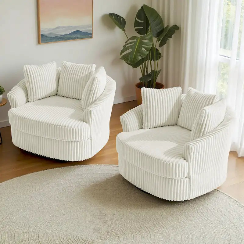 Set di 2 Poltrone Girevoli a Barilotto Oversize da 43" in Velluto a Coste Felpato con Cuscini